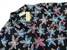 Caribbean Roundtree  Yorke Nwt Black Floral Piping Button Front Shirt Large L