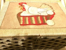 Vintage Singer Sewing Basket Embroidered Nesting Hen 15in. X 10in. Beige Brn Red