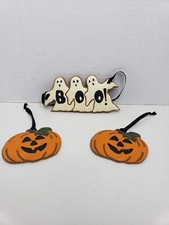 Halloween Hanging Decoration White Ghost Pumpkin Painted Plywood With Ribbon