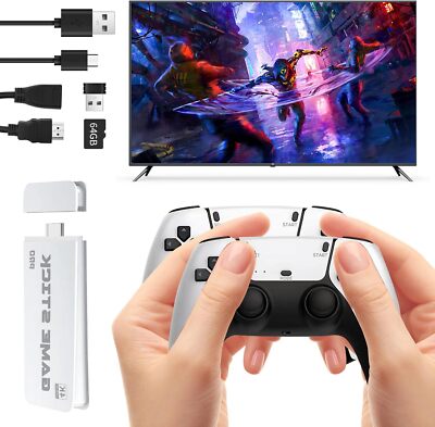 Retro Game Stick 64GB   20,000+ Games, 4K HDMI, Dual Wireless Controllers, Plug