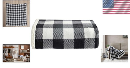 Cozy Black Check Throw Blanket - Reversible Sherpa Fleece for Gifting & Travel - Picture 2 of 12