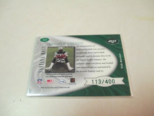 2001 LEAF CERTIFIED MATERIALS SANTANA MOSS DUAL PW JERSEY & FOOTBALL PATCH RELIC - Picture 2 of 2