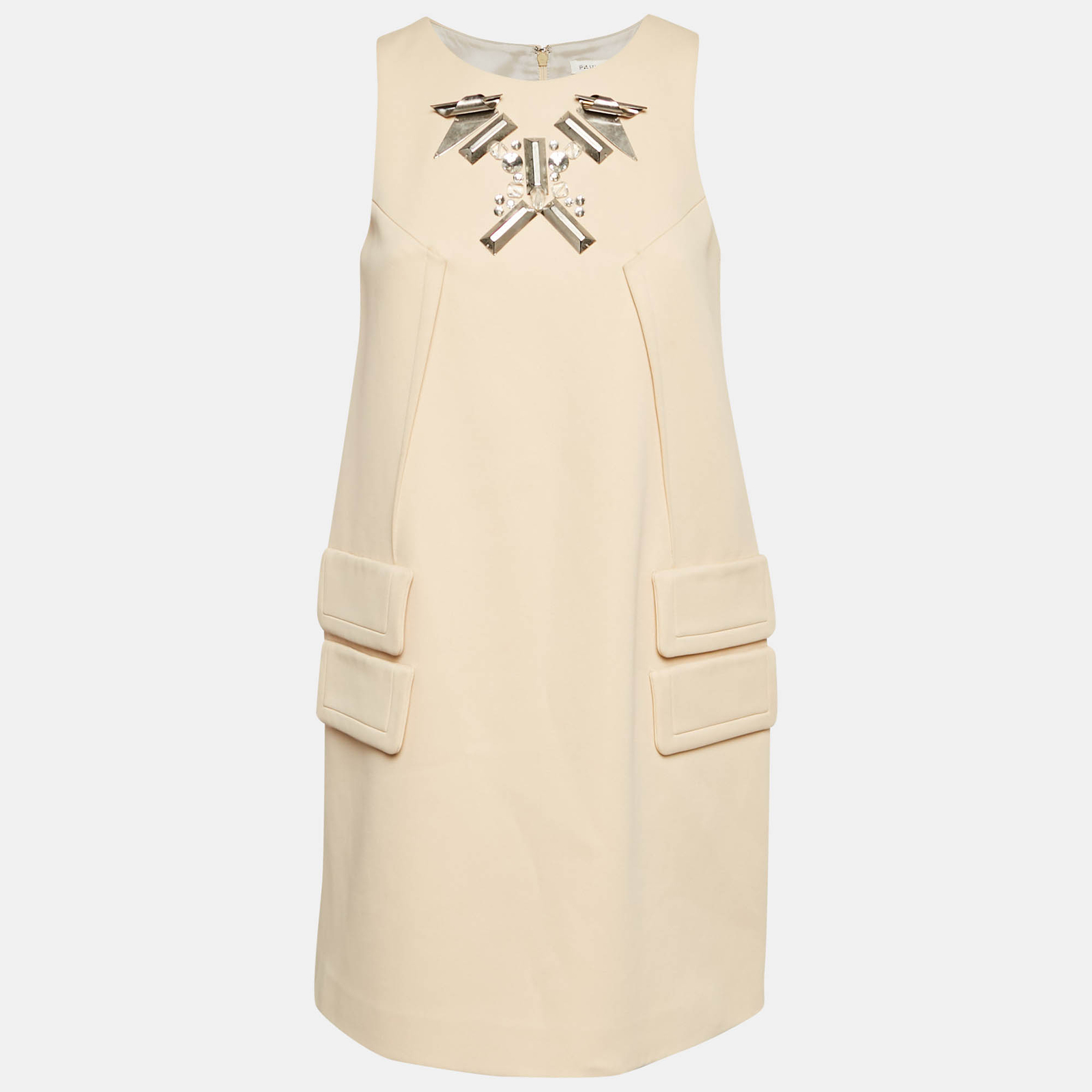 Paule Ka Cream Metal Embellished Stretch Crepe Mini Shift Dress S