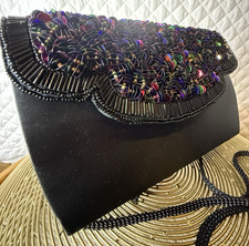 Vtg La Regale Clutch Black Satin Beaded Prom Mermaidcore Iridescent Oil Slick Vtg La Regale Clutch Black Satin Beaded Prom Mermaidcore Iridescent Oil Slick