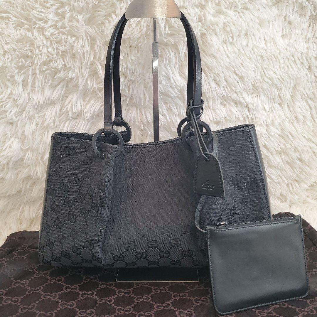 GUCCI GG Canvas Classic Tote Shoulder Bag Magnetic Leather Black Silver USED thumbnail 4