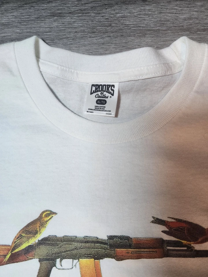 НОВАЯ мужская футболка с коротким рукавом Crooks & Castles с птицами размер XL белая 100% хлопок - Изображение 3 из 4