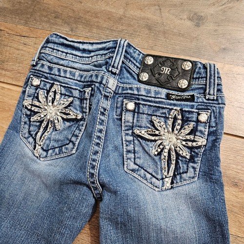 Miss Me Girls Skinny Jeans Dark Wash Bling Floral Pocket Youth Size 8 - Picture 9 of 16