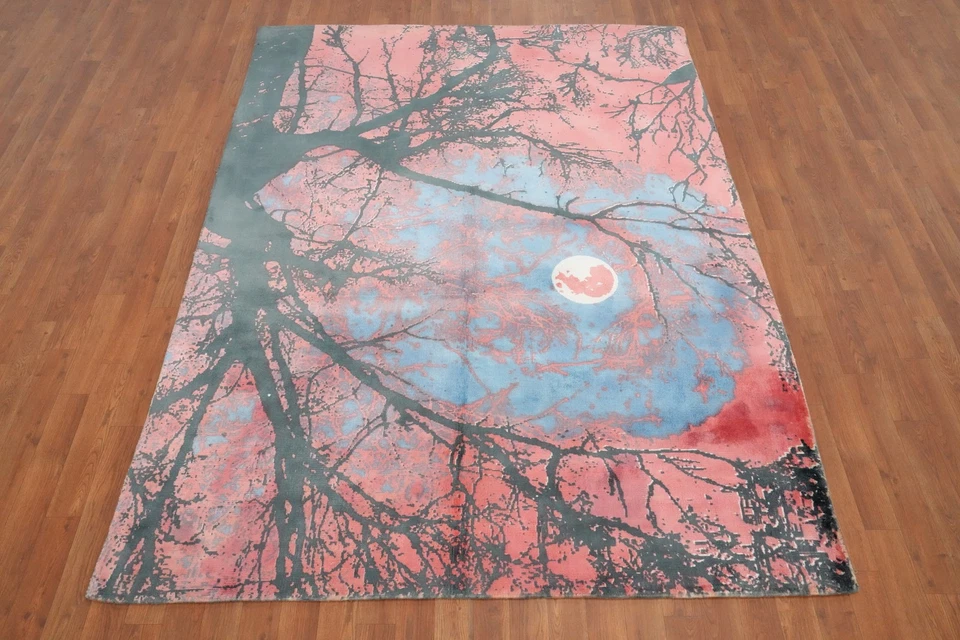 Pink Handmade Area Rug 6x8 Mystical Moonlit Forest Scene Modern Carpet - Image 4 of 4