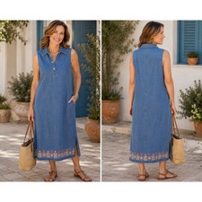 Embroidered Denim Maxi Dress Modest Sleeveless Blue Cotton Boho L Cottagecore