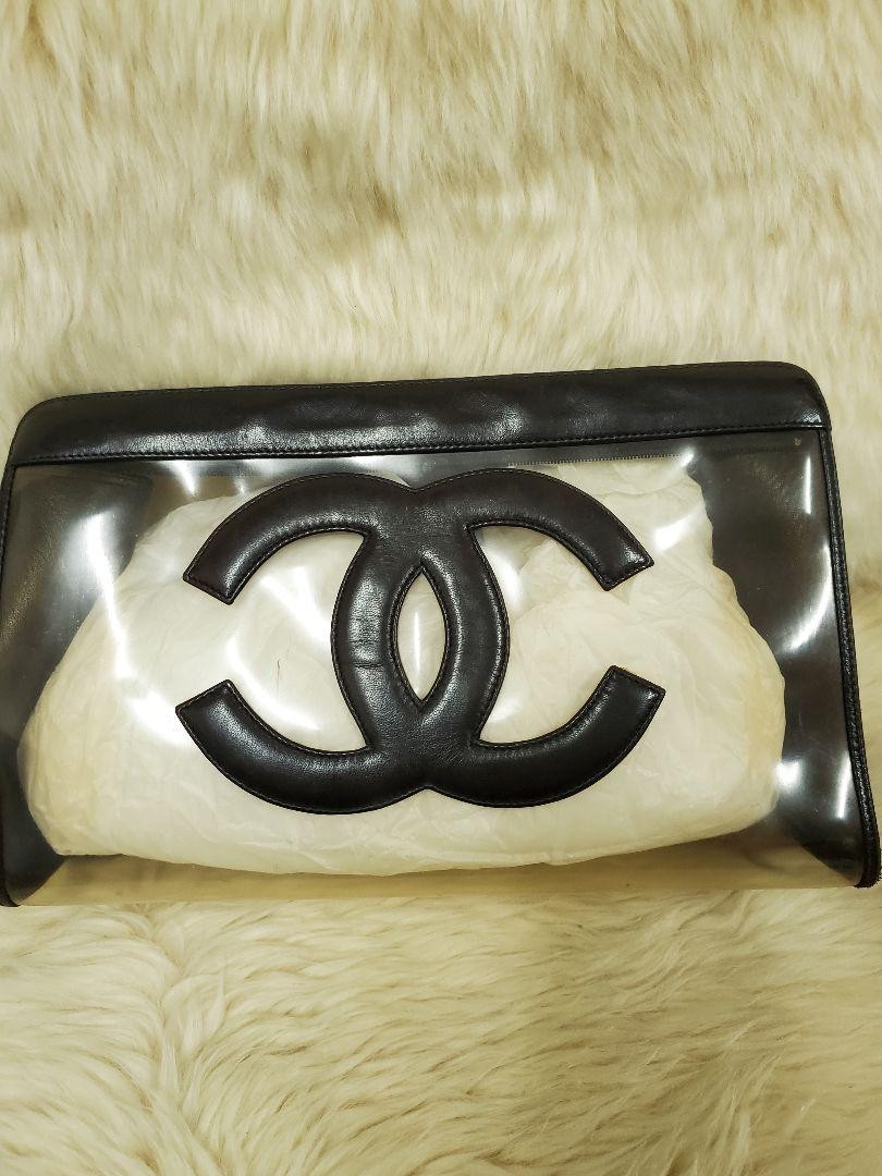 Chanel Transparent PVC Clutch Bag with Black Logo and Leather Trim