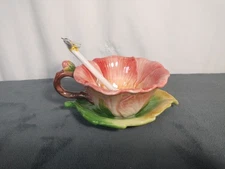 Garden Collect CornerRuby Pink Flower Tea Cup w/ Leaf Saucer&Spoon Creative Set