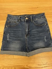 SHEIN Womens High Waisted Cuffed Denim Shorts Medium Wash Blue Size 30 Stretch