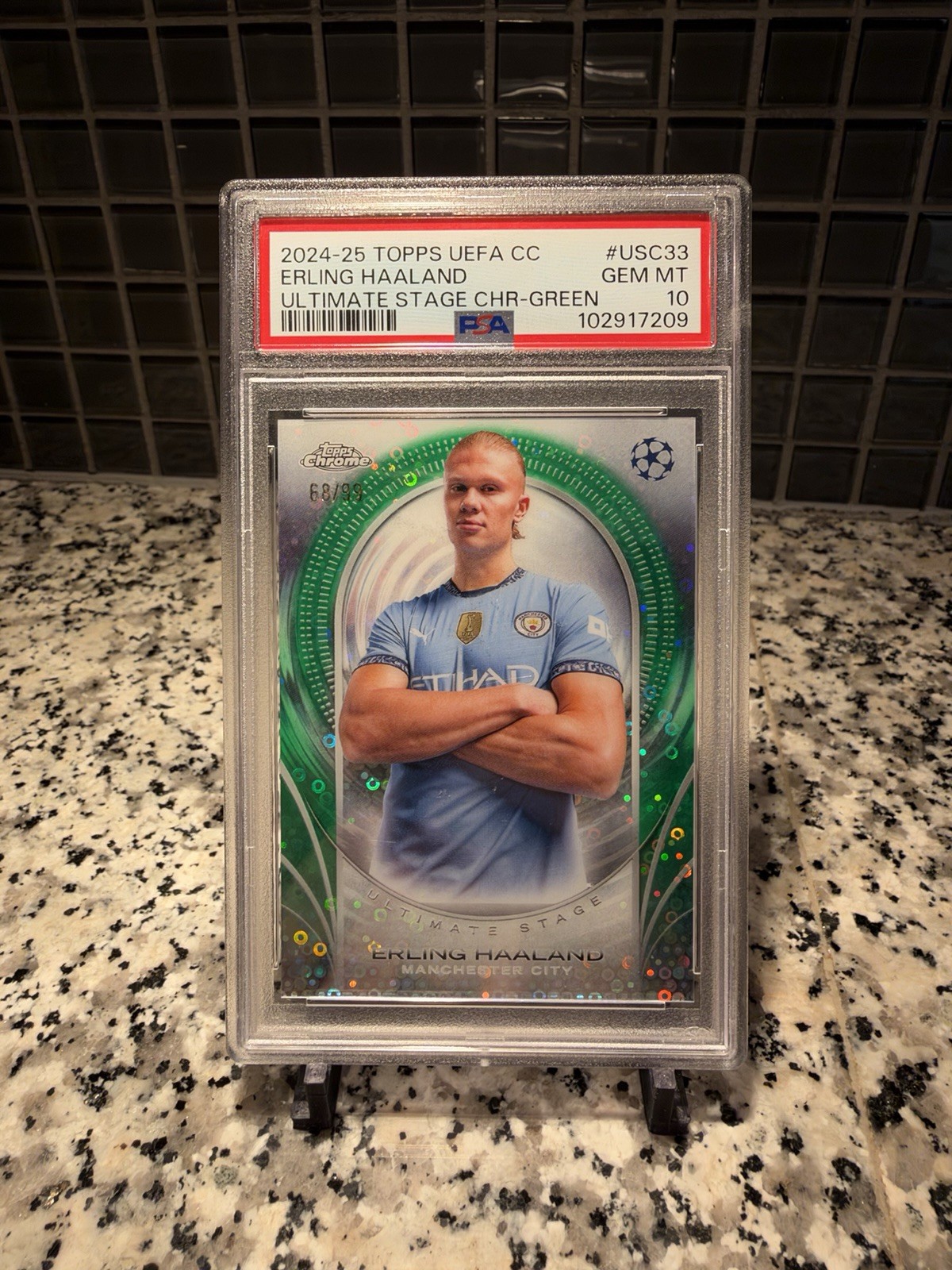2025 Topps UCC Chrome Erling Haaland #USC-33 Green Refractor /99 PSA 10
