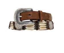 Vintage TONY LAMA 7159L Native Bone Bead Leather Silver Concho Western Belt 32