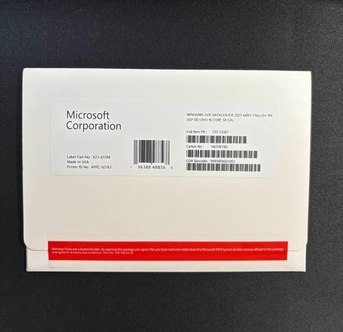 Microsoft Windows Server 2025 Datacenter 64Bit 16 Core 50 CALs Key & DVD Sealed