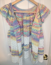 Vintage Handmade Crochet Pastel Children's Vest Short Sleeve Shawl Kids Sz Large
