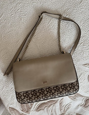 DKNY Logo Canvas Crossbody Bag Beige/Brown, Chain Detachable Strap, Small