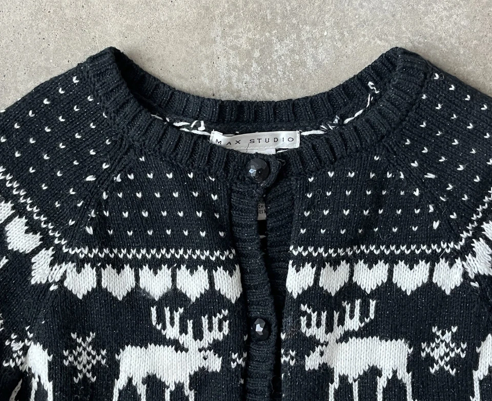 Girls Max Studio Kids 6y Button Up Knit Sweater Black Moose Snowflake Holiday - Image 4 of 4