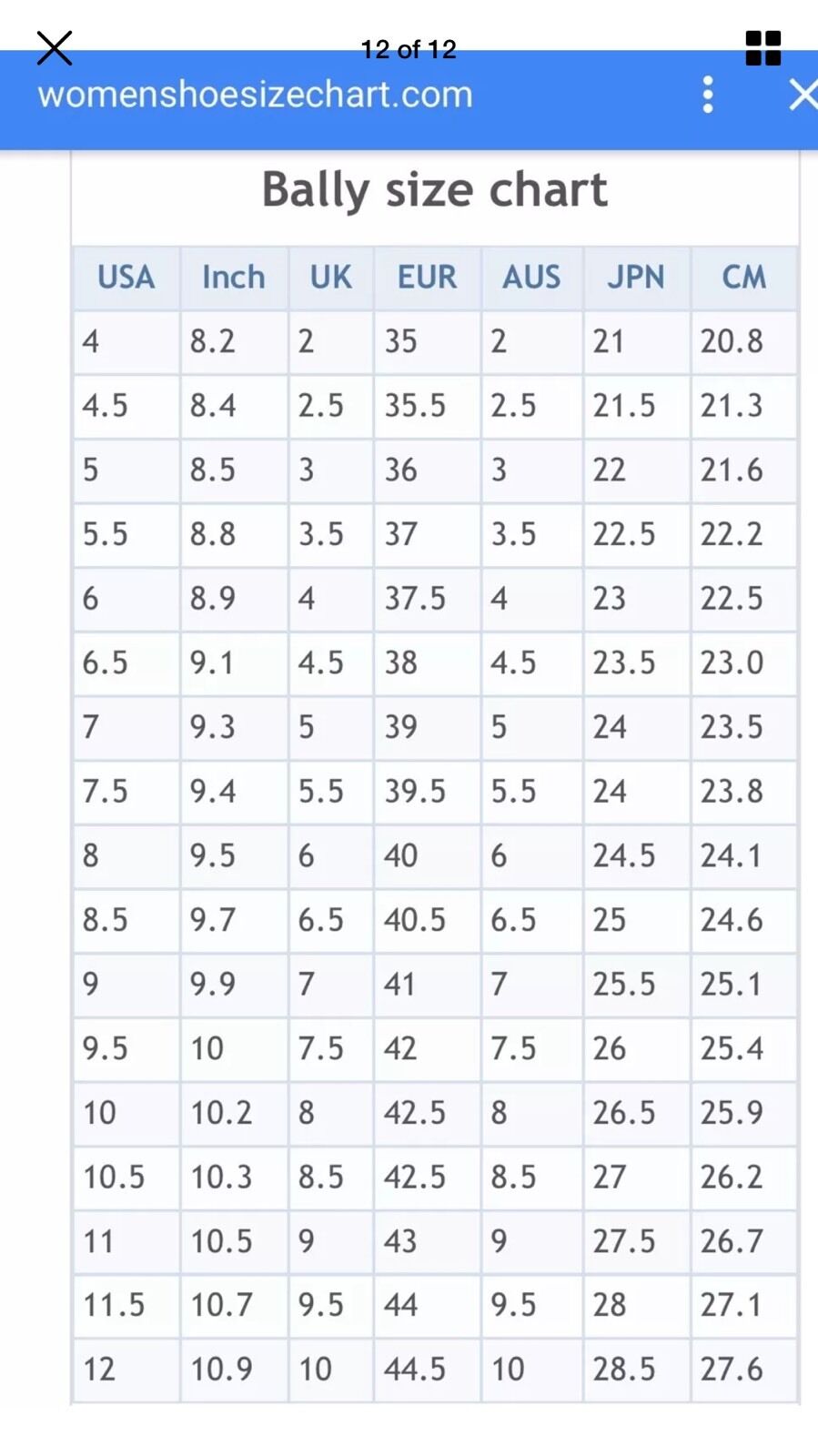 Bally Shoe Size Chart