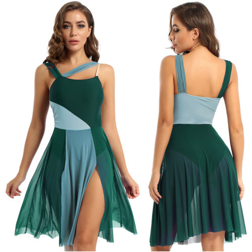 Women's Lyrical Dance Mesh Overlay Ballet Leotard Contemporary Dress Performance - Picture 42 of 86