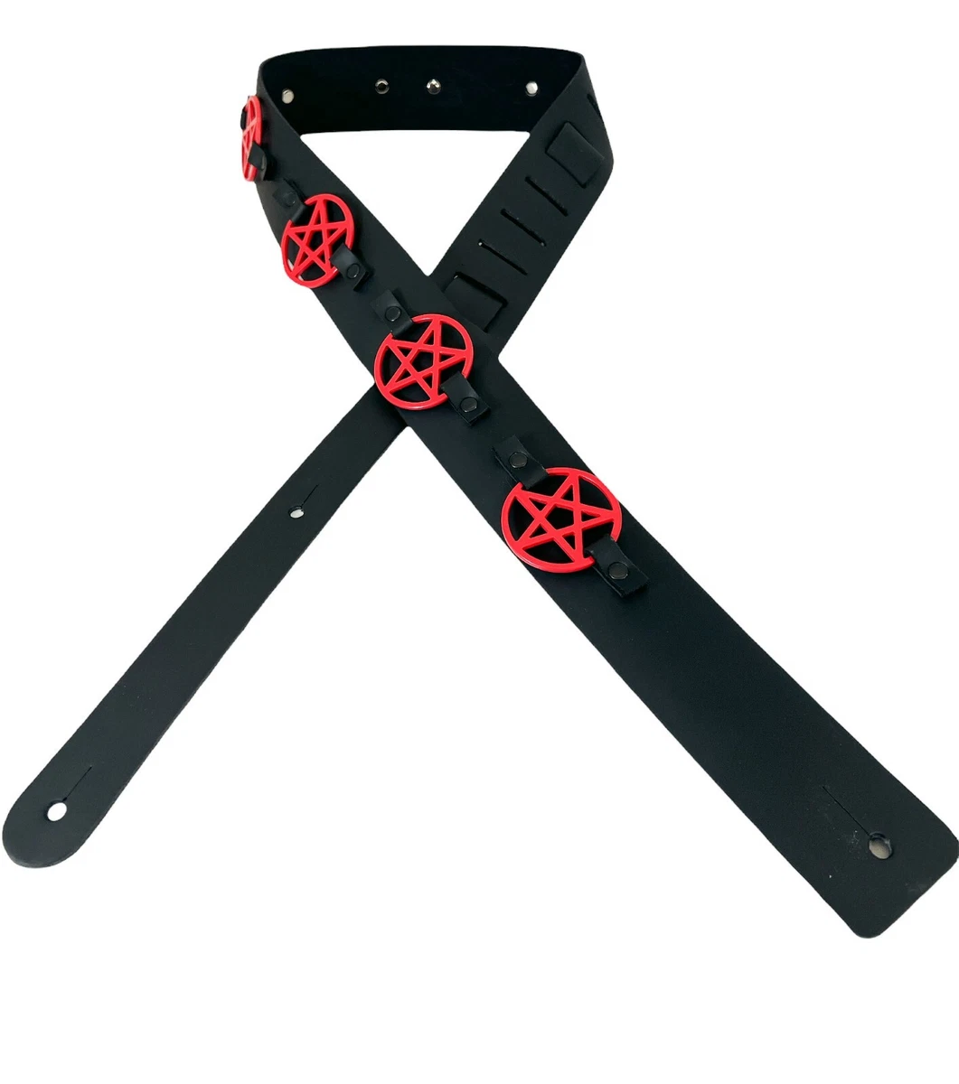 Goth Guitar Strap Red Pentagram Acoustic Electric Bass Leather USA Handmade Made