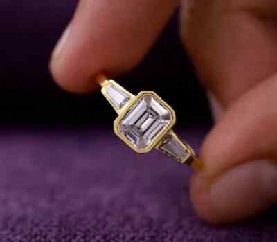 2.70 CTW Emerald Cut Moissanite Three Stone Wedding Ring 14K Yellow Gold Plated