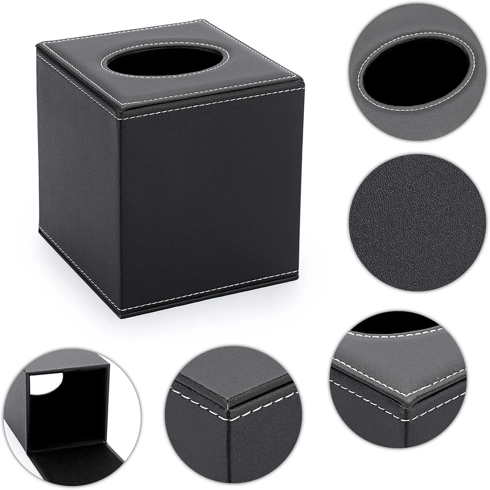 Cubierta de caja de pañuelos de cuero cuadrada - Elegante soporte para cubo con fondo magnético negro Foto 4 de 4