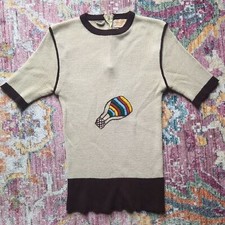 Vintage 60s Knit Top Sz 36 Korea Hot Air Balloon Patch Acrylic Sweater Retro Mod