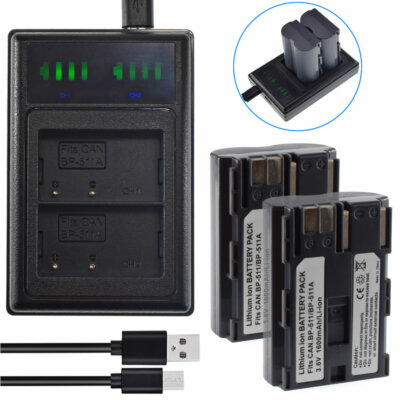 2x Battery +Slim Charger for Canon BP-511 EOS 300D D300 EOS KISS EOS-30D EOS40D