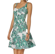 NINE WEST ~ Green Leaf Print Scoop-Neck Sleeveless A-Line Versatile Dress 8 NEW