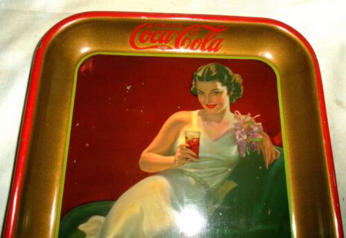 1936 ANTIQUE COCA COLA LADY HOSTESS GIRL DRESS BOTTLE SODA ART DECO SIGN TRAY US - Picture 2 of 11