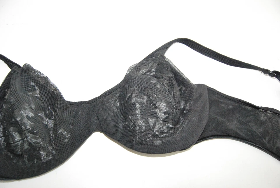 36C Vintage Bra Lace Unlined Semi Sheer Underwire Retro Chic Barely There Black - Image 2 of 4
