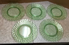 Set 5 HEX OPTIC GREEN DEPRESSION JEANETTE GLASS 8” PLATES HONEYCOMB URANIUM