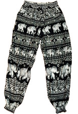 THAI ELEPHANT HAREM PANTS WOMENS M BLACK WHITE ELASTIC WAIST POCKET VISCOSE BOHO