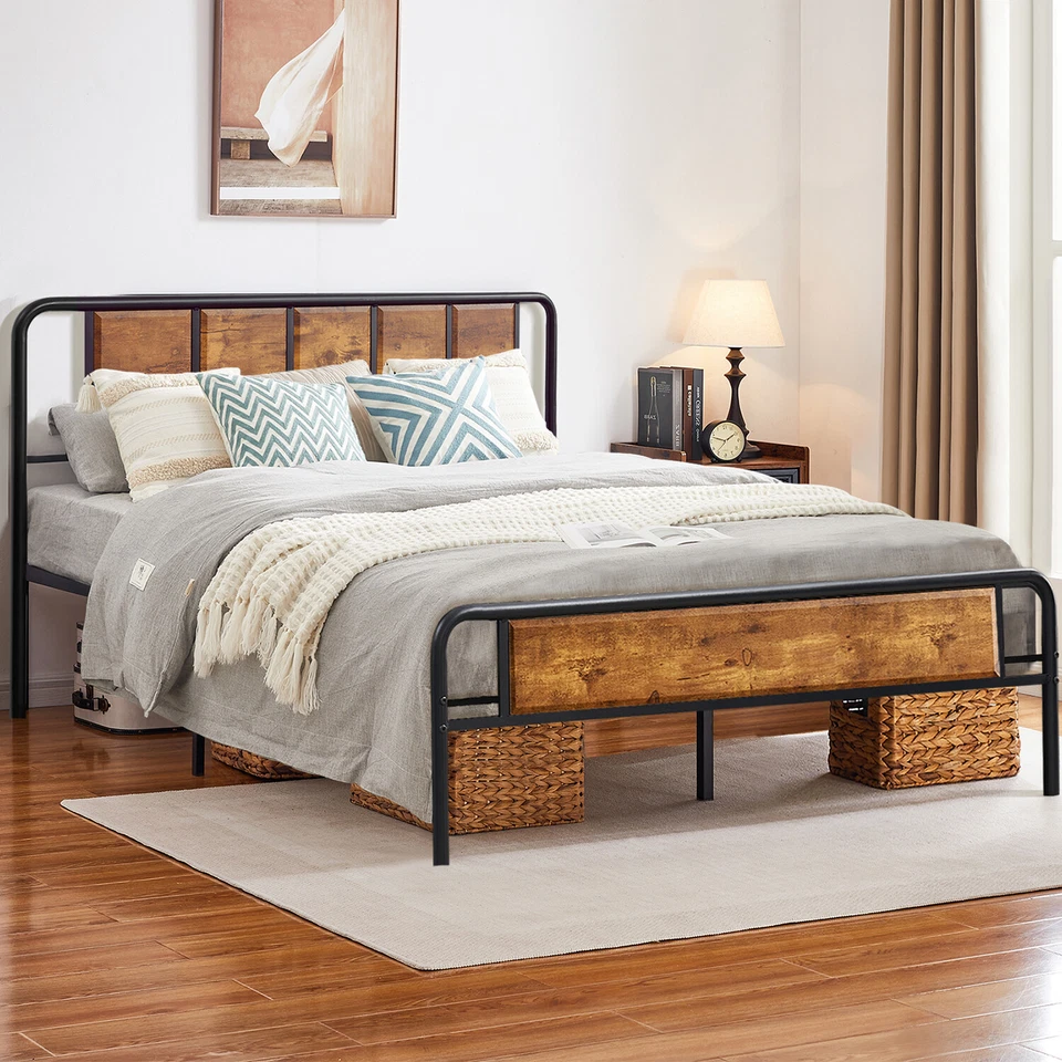 Marco de cama doble/completo/queen size con cabecero de madera plataforma de metal de alta resistencia Foto 3 de 4