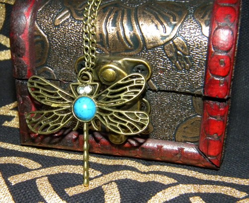 Dragonfly Steampunk Pendant with Blue stone - Picture 2 of 6