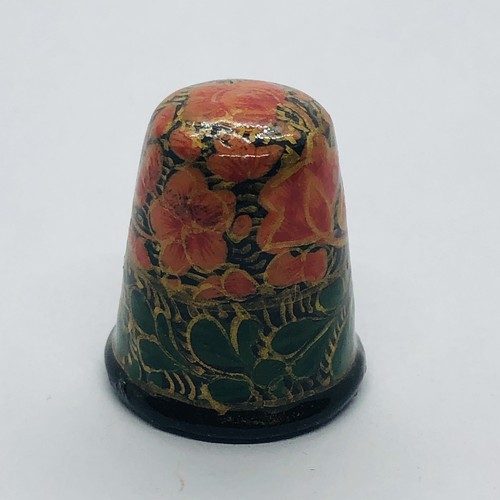 Beautiful Hand Painted Wood Souvenir Wooden Floral Thimble - Signed India