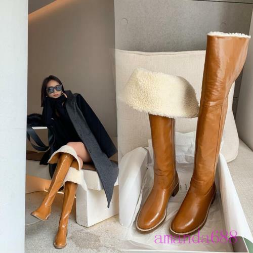 Women's Flat Heel Wool Fur Boots Thigh High Snow Boots Leather Knight Boots Size