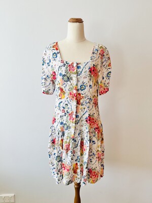 Vintage 80's 90's Womens Dress Jacqueline Eve White Floral Drop Waist Size 10 12
