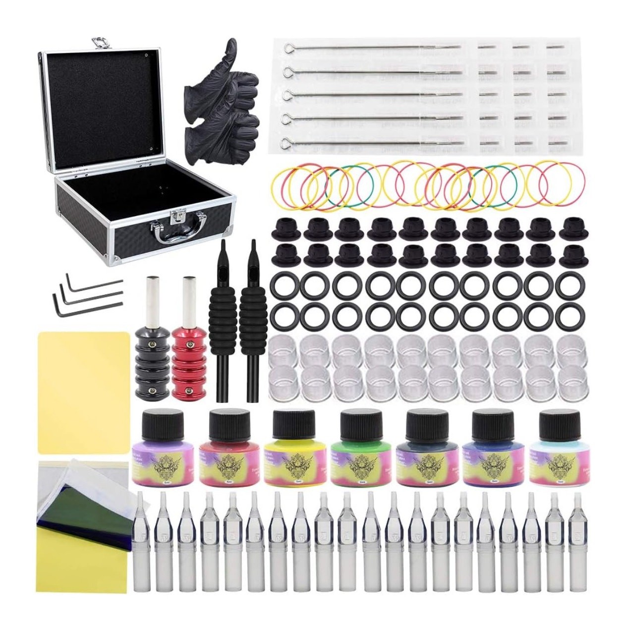Autdor Complete Tattoo Kit Inc Gun, 7 Color Ink Needles Tips Grips Power Supply