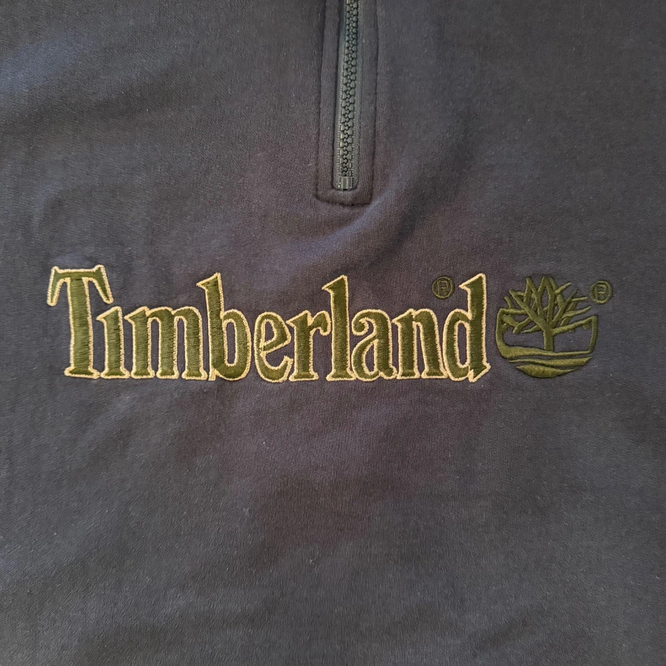 Suéter Vintage Y2K Timberland Masculino Tamanho Grande 1/4 Zíper Azul Verde Logotipo Grande - Imagem 3 de 4