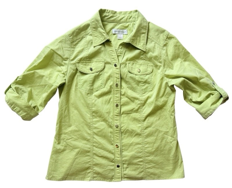 Christopher & Banks Women’s S Green Solid Collared 3/4 Sleeve Woven Button-Up