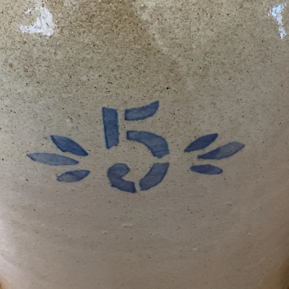 Antique STONEWARE 5 GAL. Whiskey JUG handmade formed handle Salt Glazed Blue 5 - Image 3 of 4