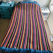 Handmade Crochet Afghan Throw Blanket Multicolor Rainbow Striped Blue Fringe