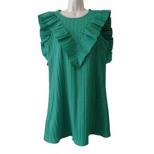 Shein Sleeveless Green Textured Ruffle A-Line Dress Women Size L 8 10 Office