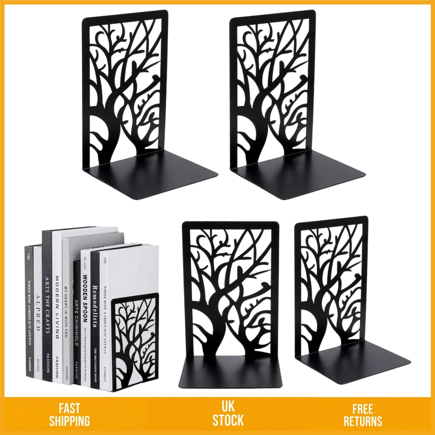 Sturdy Tree Design Metal Bookends Non-Slip Heavy Duty Book Stopper 2 Pair