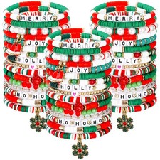 48 Pcs Christmas Bracelets Set Stackable Heishi Surfer Bracelet Beaded Christmas