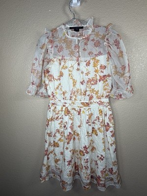 French Connection Floral  Dress Sz 6 Sheer Puff Sleeve Cottagecore Romantic