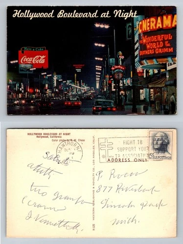 Hollywood, CA-California Hollywood Boulevard at Night Coca-Cola Vintage Postcard