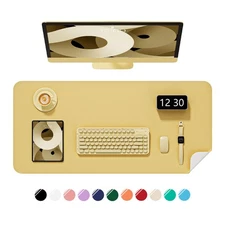 Desk Pad Pale Yellow 30 x 14 Inch, PU Leather Non-Slip Mouse Mat Waterproof